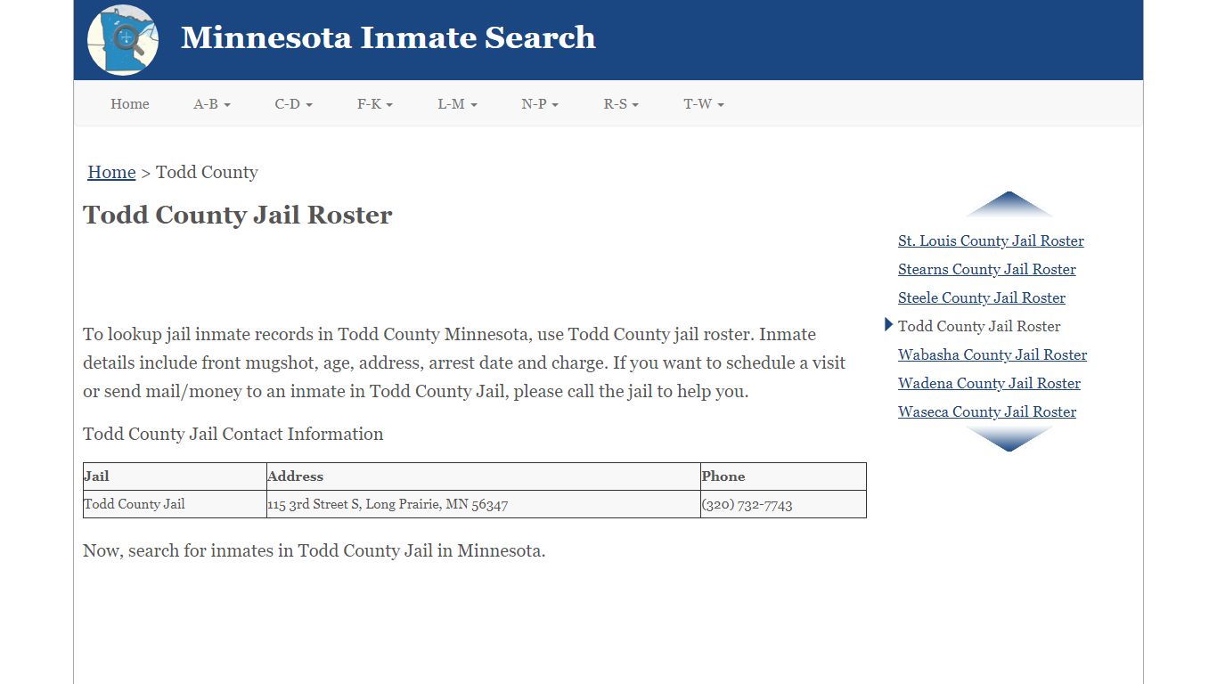 Todd County Jail Roster - Minnesota Inmate Search
